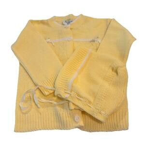 Vintage Penney's Yellow Knit Cardigan Sweater & Bonnet Set Retro Baby Newborn